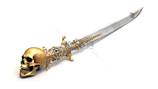 孤立的白色背景的 3D 插图，带有金色头骨装饰的幻想长剑