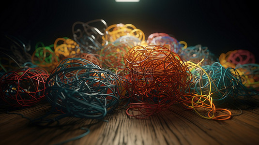 混乱的电线象征着精神不安和复杂的思维 3D 渲染