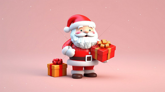 毛绒圣诞老人从带有弹簧的礼品盒中出现的 3D 插图
