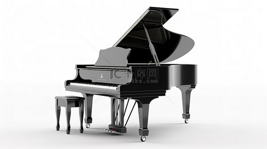 白色背景特写镜头中经典黑色钢琴的 3D 渲染