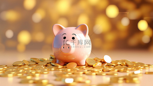 3D 渲染存钱罐和掉落的金币在柔和的米色背景下进行财务规划