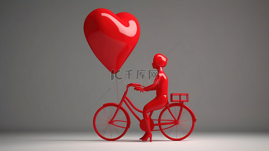 骑情侣背景图片_年轻夫妇在 3D 渲染中围绕心形符号骑自行车
