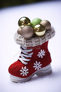 雪球背景图片_针织靴中的雪球装饰品