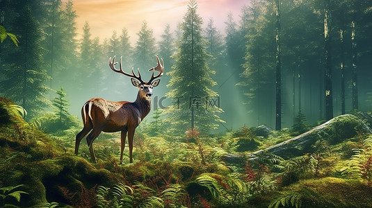 梦幻森林小鹿背景图片_森林中鹿的自然背景 3D 插图