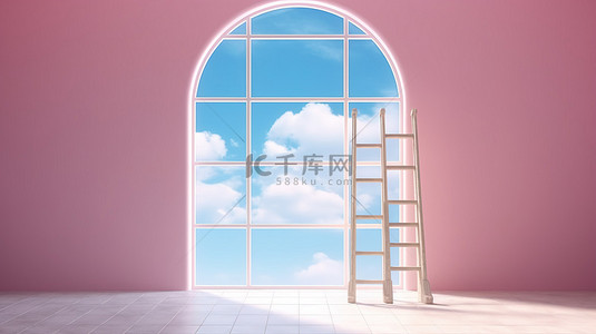 蔚蓝天空背景图片_由拱窗和梯子 3D 渲染构成的蔚蓝天空的简单表示