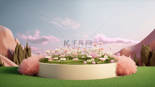 花卉春背景图片_草地花卉展台3d立体春季广告背景