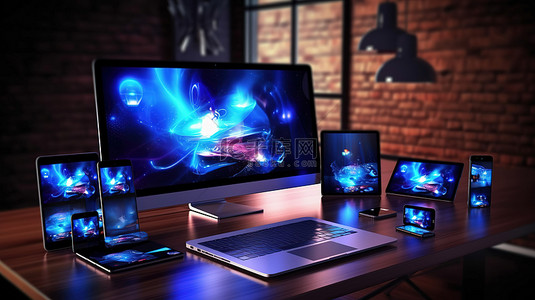3D 渲染优雅的桌面空间与响应设备的网站设计