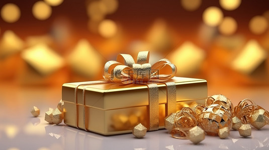 节日灵感的 3D 渲染闪闪发光的金色礼盒，装饰着节日装饰品