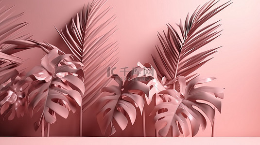 投资产品背景图片_柔软的棕榈叶在粉红色背景上投射 3D 阴影，留有产品展示空间