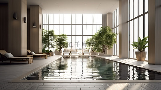 日本酒店简约内饰和宁静泳池区的舒缓 3D 渲染