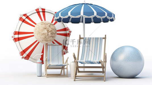 白色和蓝色的甲板设置，带有沙滩伞救生圈和沙滩球，在 3D 渲染的干净背景上