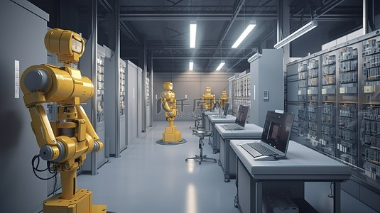 工厂机器人背景图片_由电脑笔记本控制的工厂机器人，具有令人惊叹的 3D 渲染效果