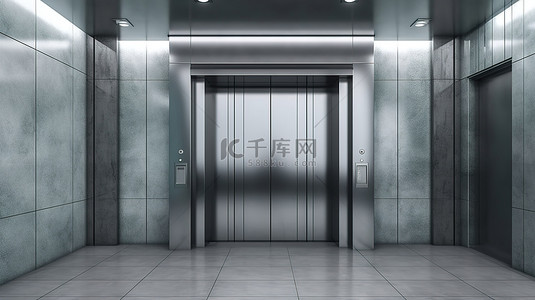 关闭现代电梯或带有金属门的电梯和办公楼内空白广告牌或海报的 3D 渲染