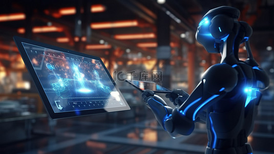 工厂自动化一个未来概念，描绘了在制造工厂中使用平板电脑的 3D 渲染机器人