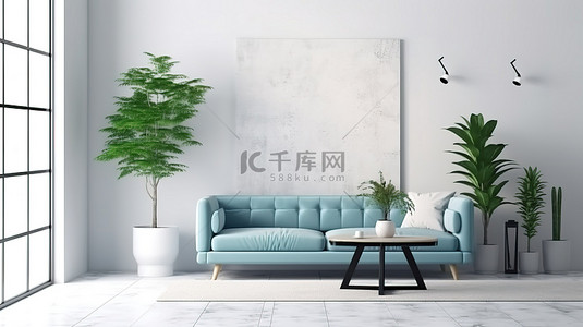强调词汇背景图片_蓝色沙发的 3D 渲染强调客厅与带纹理的白色墙壁