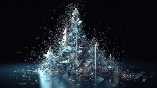运动中的几何圣诞树与雪花抽象 3D 渲染