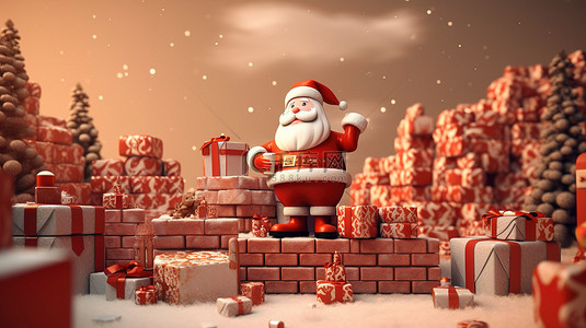 卡通新年礼盒背景图片_节日圣诞老人和礼品盒在圣诞节背景下庆祝圣诞快乐和新年快乐与 3D 渲染