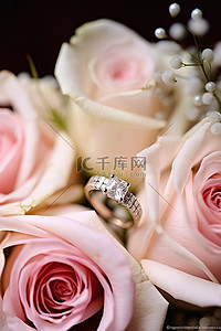 邀请函上的结婚戒指与玫瑰