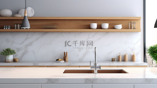 3d木质背景图片_白色和木质厨柜的 3D 渲染，搭配大理石台面厨具和水槽