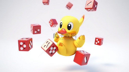 可爱的黄色卡通鸭吉祥物的 3D 渲染，背景为白色，红色游戏骰子飞翔