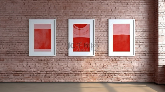红砖墙复古背景图片_红砖墙 3D 渲染，具有模拟海报框架