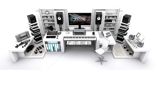 dj背景图片_带有数字设备和乐器的白色背景家庭工作室的 3D 渲染，用于录制现代音乐