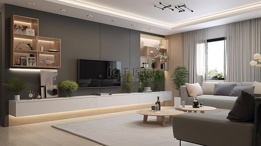 家具设计电视柜背景图片_设计巧妙的生活空间 3d 渲染现代客厅，配有时尚的智能电视柜沙发和装饰