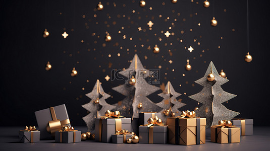 喜庆的 3D 树装饰着星空装饰圣诞灯花环礼物和光滑的灰色背景上的金色铃儿响叮当