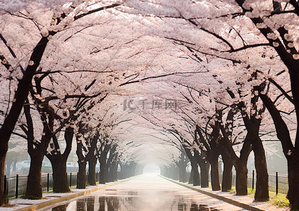 空荡荡的街道上盛开着樱花