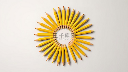 周岁铅笔背景图片_带黄色铅笔框架和居中复制空间的白桌的顶视图 3D 渲染