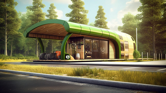 加油站新能源背景图片_木质背景下生物燃料站的 3d 插图