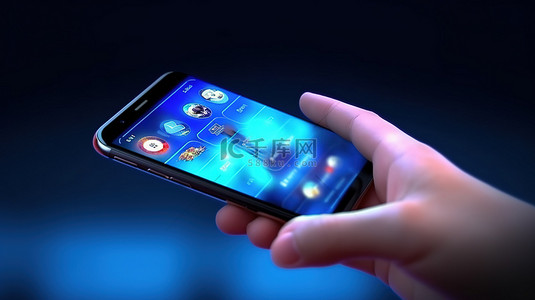 蓝色背景下智能手机屏幕上的手部与聊天应用程序交互的 3D 设计