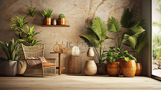 在热带绿洲中放松身心，房间场景采用木墙设计和绿色植物装饰 3D 渲染