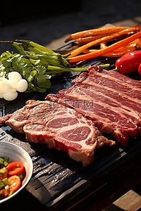 户外牛排背景图片_户外烧烤架上有一大块肋眼牛排和辣椒