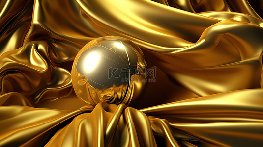布料质感纹理背景图片_具有波纹丝绸纹理的抽象金球体 3D 艺术肖像