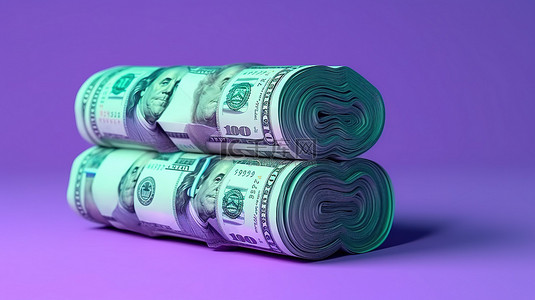 薰衣草背景上的一堆绿色货币通过 3D 渲染说明商业利润储蓄和投资收益