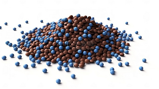 孤立的白色背景蓝色巧克力在 3D 插图中撒有纹理的颗粒