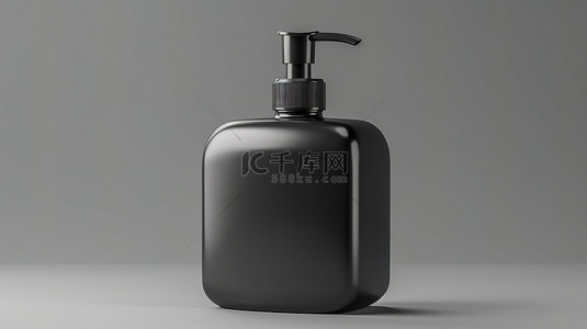 灰色背景上带有肥皂模板的黑色洗手液泵瓶包装的 3D 渲染