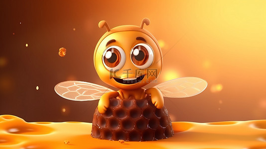 欢快可爱的 3D 卡通蜜蜂人物与有机蜂蜜