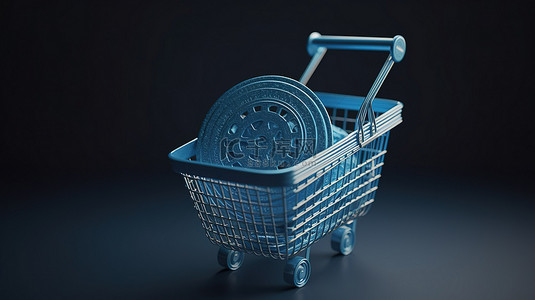 数字营销和电子商务概念一个蓝色的购物篮，在 3d 渲染中有一美元硬币