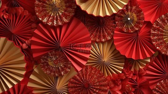 中式背景元素背景图片_3D 渲染的中国新年装饰品红色和金色纸扇作为背景