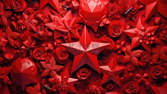 红星 3D 渲染背景上的花卉装饰