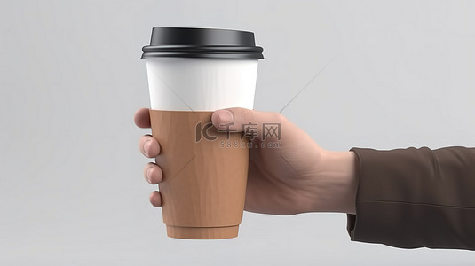 苏式早茶背景图片_卡通风格 3D 插图，一只手拿着白色背景上的外卖咖啡杯