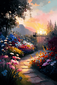 美丽的小路背景图片_树栅栏鲜花小路早晨的花园背景