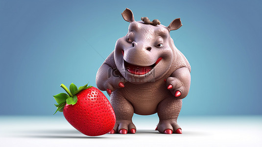 人物胖背景图片_有趣的 3D 犀牛人物抓着一个巨大的草莓