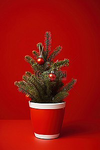 一棵小圣诞树在红色背景的锅里