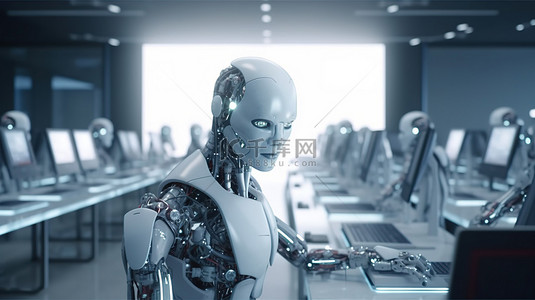 电脑商务人员背景图片_来自人工智能机器人或机器人的问候，在自动化办公室工作人员概念 3d 渲染中