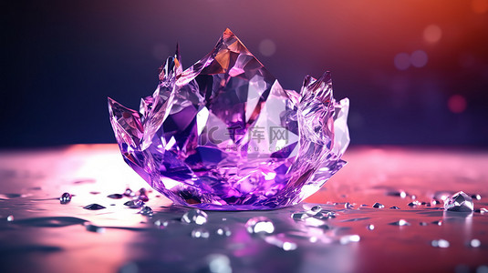 抽象水晶钻石上紫色液体飞溅的软焦点 3D 渲染