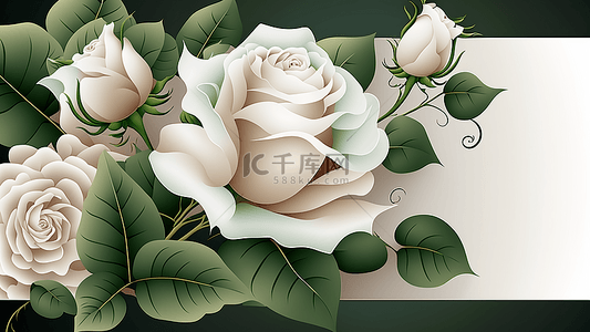 花卉玫瑰背景图片_玫瑰唯美白绿配色插图背景
