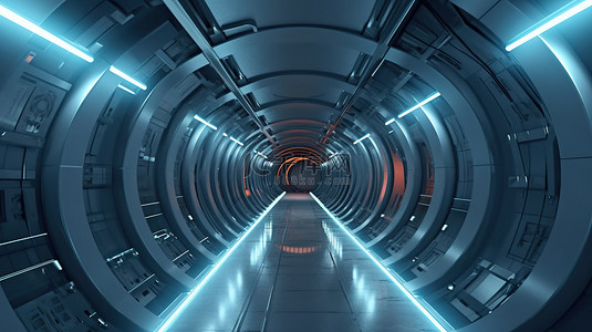 车站建筑背景图片_通过 3D 渲染描绘的未来派宇宙飞船或车站隧道
